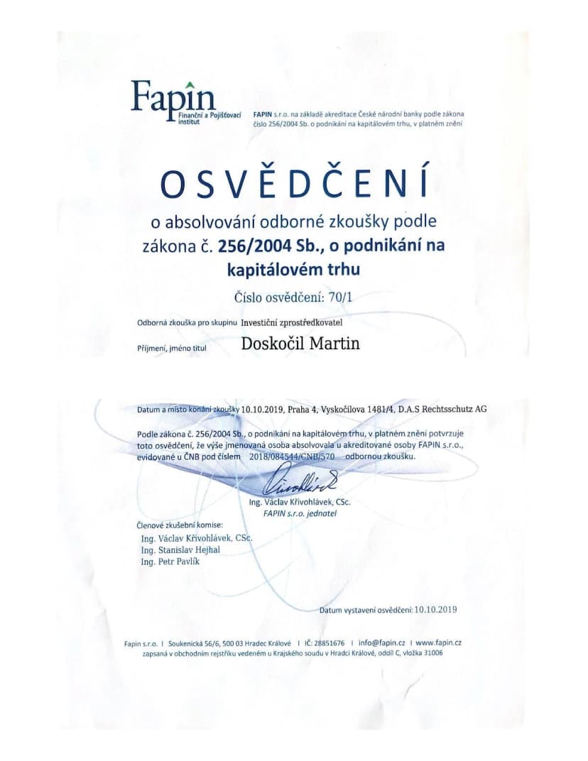 Certifikát investice